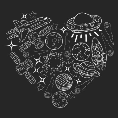Vektör karalama uzay deseni. Dünya, Ay, Jüpiter, Güneş, Satürn.