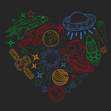 Vektör karalama uzay deseni. Dünya, Ay, Jüpiter, Güneş, Satürn.