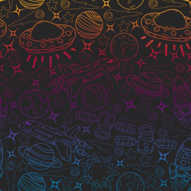 Vektör karalama uzay deseni. Dünya, Ay, Jüpiter, Güneş, Satürn.