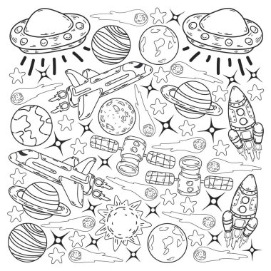 Vektör karalama uzay deseni. Dünya, Ay, Jüpiter, Güneş, Satürn.