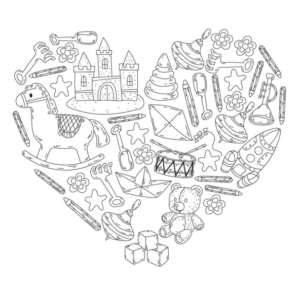 Küçük kızlar ve oğlanlar için ikonlar. El çizimi çocuk çizimi kalıpları. Anaokulu oyuncakları geçmişi. Vektör illüstrasyonu.