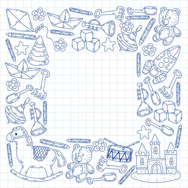 Symbole für kleine Jungen und Mädchen. Handgezeichnete Kinder zeichnen Muster. Kinderspielzeug im Hintergrund. Vektorillustration. — Stockvektor