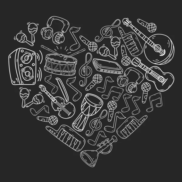 Müzik enstrümanları olan vektör müzik arkaplanı. Rock, piyano, gitar, caz. Melodi ve mikrofon. Konser.