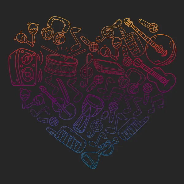 Müzik enstrümanları olan vektör müzik arkaplanı. Rock, piyano, gitar, caz. Melodi ve mikrofon. Konser.