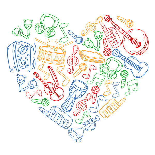 Vector music background with musical instruments. Rock, piano, guitar, jazz. Melody and microphone. Concert.