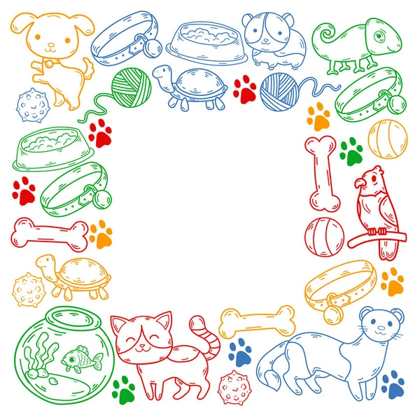 Clinique vétérinaire, zoo, animalerie. Chats, chiens, poissons, perroquets. Jouets pour animaux, soins des animaux. — Image vectorielle