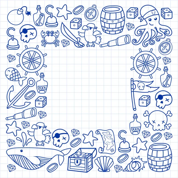 Çocuk korsan partisi. Korsanlığın sembolleri - şapka, kılıç, silahlar, hazine sandığı, gemi, siyah bayrak, neşeli roger amblemi, kafatası ve çapraz kemikler, pusula.