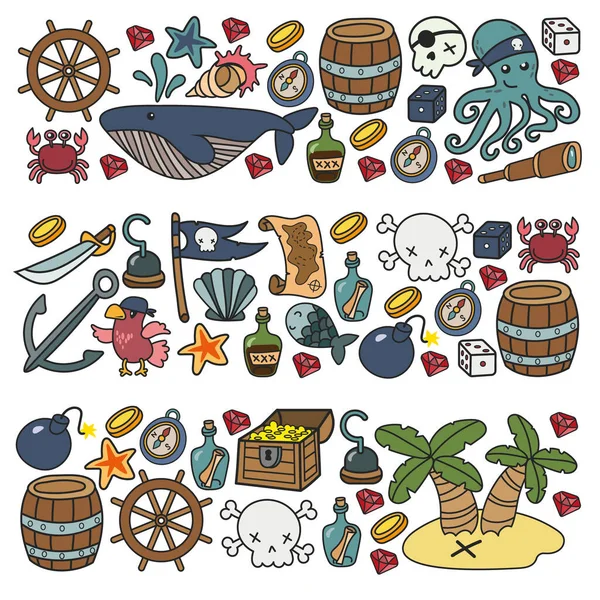 Lasten merirosvojuhlat. Merirosvouksen symbolit - hattu, miekat, aseet, aarrearkku, laiva, musta lippu, hilpeä Rogerin tunnus, kallo ja ristikko, kompassi. — vektorikuva
