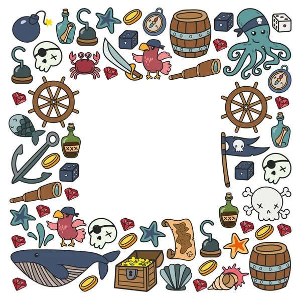 Fiesta de niños piratas. Símbolos de la piratería sombrero, espadas, armas, cofre del tesoro, barco, bandera negra, emblema alegre roger, cráneo y huesos cruzados, brújula. — Vector de stock