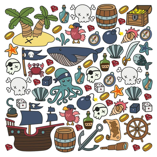 Fiesta de niños piratas. Símbolos de la piratería sombrero, espadas, armas, cofre del tesoro, barco, bandera negra, emblema alegre roger, cráneo y huesos cruzados, brújula. — Vector de stock