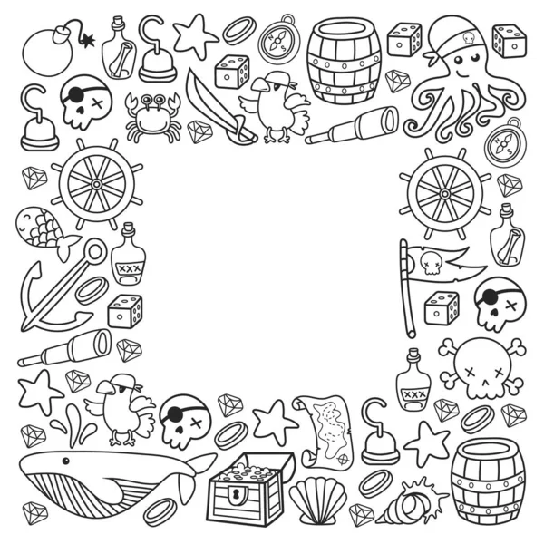 Çocuk korsan partisi. Korsanlığın sembolleri - şapka, kılıç, silahlar, hazine sandığı, gemi, siyah bayrak, neşeli roger amblemi, kafatası ve çapraz kemikler, pusula.