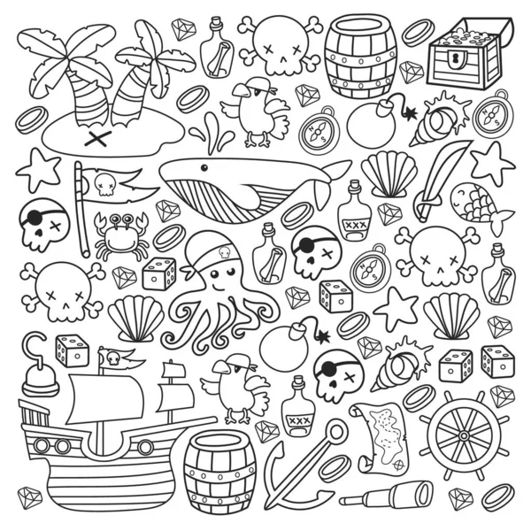 儿童海盗派对。海盗的象征- -帽子、剑、枪、宝箱、船、黑旗、欢乐的罗杰徽章、骷髅和交叉骨、罗盘. — 图库矢量图片