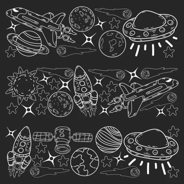 Patrón espacial de garabatos vectoriales. Tierra, Luna, Júpiter, Sol, Saturno. — Vector de stock