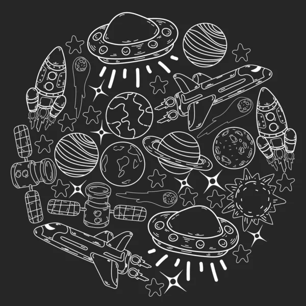 Patrón espacial de garabatos vectoriales. Tierra, Luna, Júpiter, Sol, Saturno. — Vector de stock