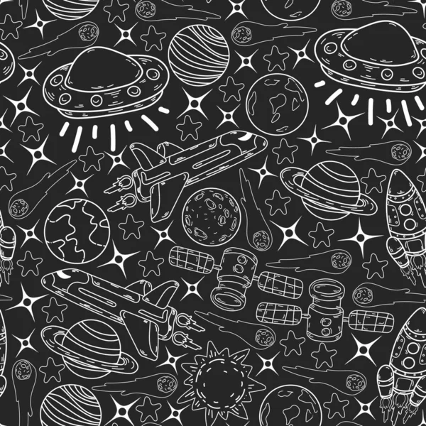 Vektör karalama uzay deseni. Dünya, Ay, Jüpiter, Güneş, Satürn.