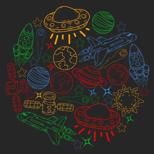Vector doodle space pattern. Earth, Moon, Jupiter, Sun, Saturn. — Stock Vector