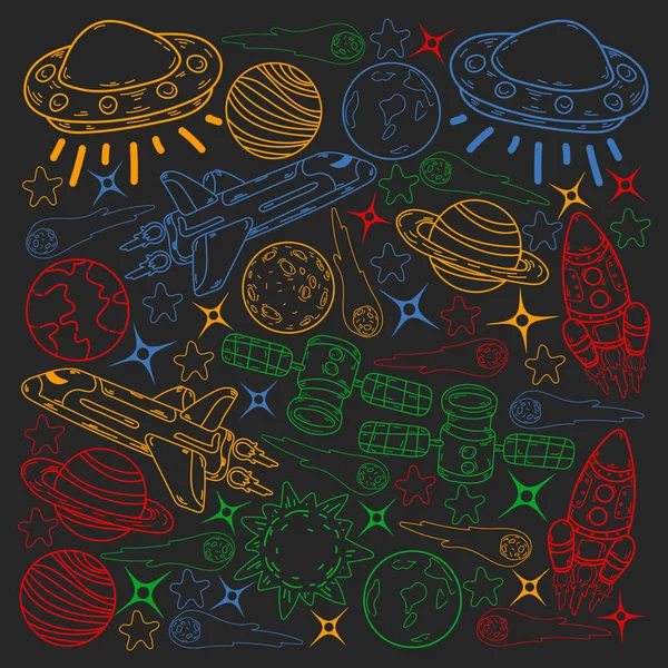 Modèle vectoriel d'espace de doodle. Terre, Lune, Jupiter, Soleil, Saturne. — Image vectorielle