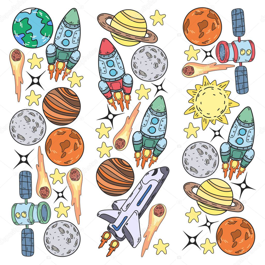 Vector doodle space pattern. Earth, Moon, Jupiter, Sun, Saturn.