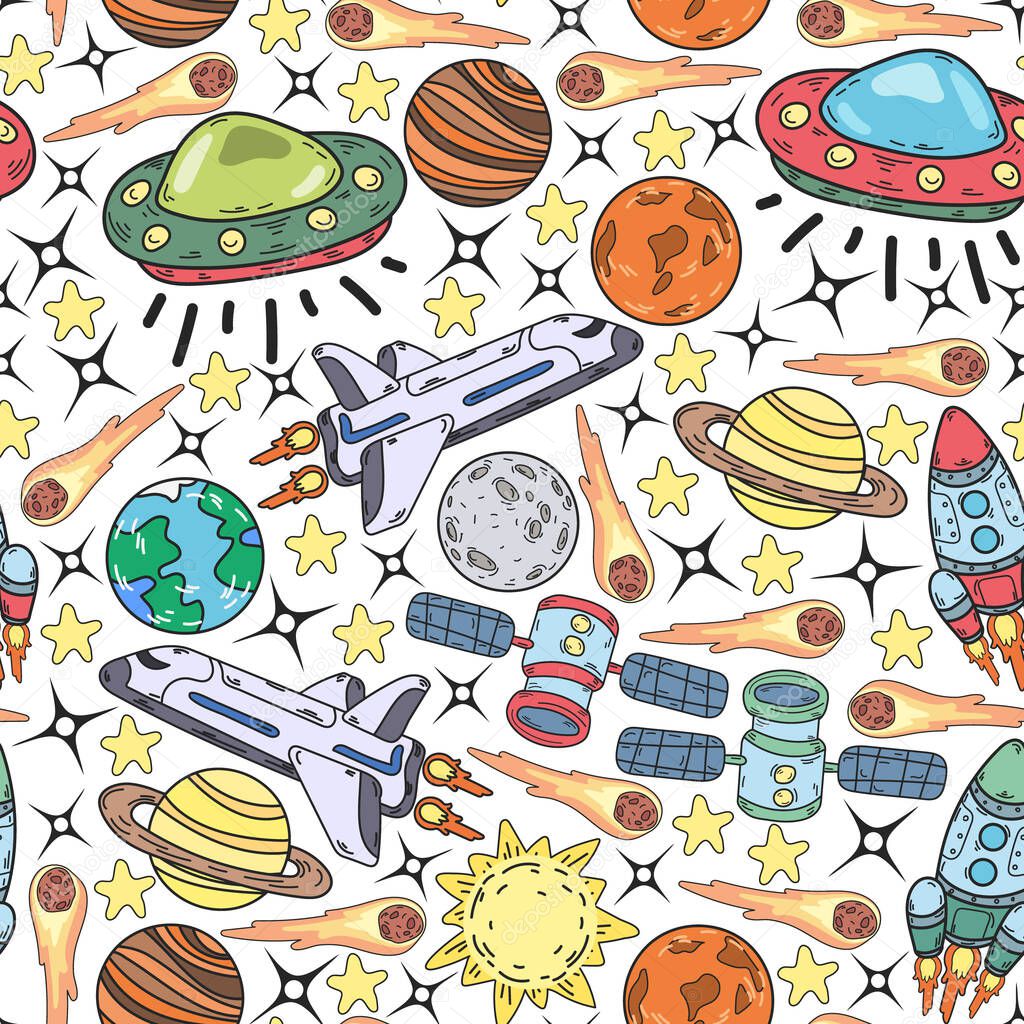 Vector doodle space pattern. Earth, Moon, Jupiter, Sun, Saturn.