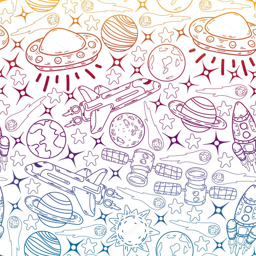 Vector doodle space pattern. Earth, Moon, Jupiter, Sun, Saturn.