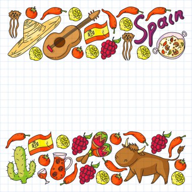 İspanya seyahati İspanyolca vektör karalama elementleri ile desen. İspanyol yemeği ye. İspanyol gitarı çal, flamenko dans et. Geleneksel boğa, şarap, elbise ikonları.