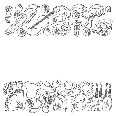 İspanya seyahati Boyama sayfası. İspanyolca vektör karalama elementleri ile desen. İspanyol yemeği ye. İspanyol gitarı çal, flamenko dans et. Geleneksel boğa, şarap, elbise ikonları.