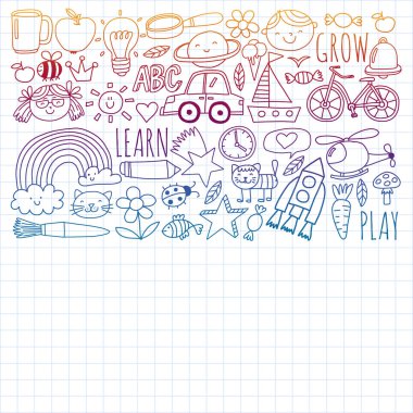 Okul vektör karalama setine geri dönüyoruz. Spor, sanat, okuma, bilim, coğrafya, biyoloji, fizik, matematik, astronomi, kimya.