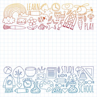 Okul vektör karalama setine geri dönüyoruz. Spor, sanat, okuma, bilim, coğrafya, biyoloji, fizik, matematik, astronomi, kimya.