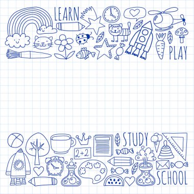 Okul vektör karalama setine geri dönüyoruz. Spor, sanat, okuma, bilim, coğrafya, biyoloji, fizik, matematik, astronomi, kimya.