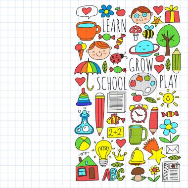 Okul vektör karalama setine geri dönüyoruz. Spor, sanat, okuma, bilim, coğrafya, biyoloji, fizik, matematik, astronomi, kimya.