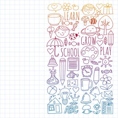 Okul vektör karalama setine geri dönüyoruz. Spor, sanat, okuma, bilim, coğrafya, biyoloji, fizik, matematik, astronomi, kimya.