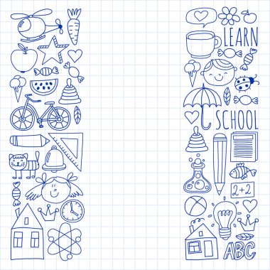 Okul vektör karalama setine geri dönüyoruz. Spor, sanat, okuma, bilim, coğrafya, biyoloji, fizik, matematik, astronomi, kimya.