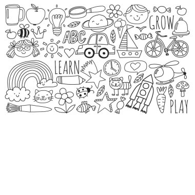 Okul vektör karalama setine geri dönüyoruz. Spor, sanat, okuma, bilim, coğrafya, biyoloji, fizik, matematik, astronomi, kimya.