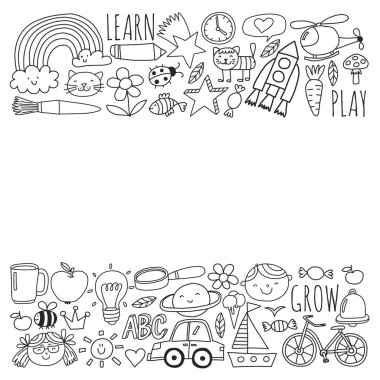 Okul vektör karalama setine geri dönüyoruz. Spor, sanat, okuma, bilim, coğrafya, biyoloji, fizik, matematik, astronomi, kimya.