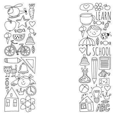 Okul vektör karalama setine geri dönüyoruz. Spor, sanat, okuma, bilim, coğrafya, biyoloji, fizik, matematik, astronomi, kimya.