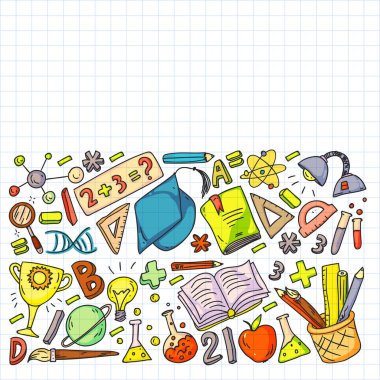 Okul vektör karalama setine geri dönüyoruz. Spor, sanat, okuma, bilim, coğrafya, biyoloji, fizik, matematik, astronomi, kimya.