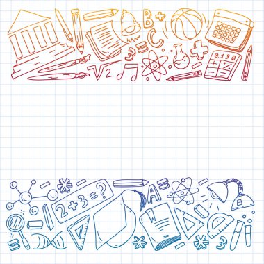 Okul vektör karalama setine geri dönüyoruz. Spor, sanat, okuma, bilim, coğrafya, biyoloji, fizik, matematik, astronomi, kimya.