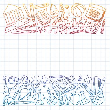 Okul vektör karalama setine geri dönüyoruz. Spor, sanat, okuma, bilim, coğrafya, biyoloji, fizik, matematik, astronomi, kimya.