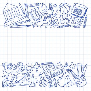 Okul vektör karalama setine geri dönüyoruz. Spor, sanat, okuma, bilim, coğrafya, biyoloji, fizik, matematik, astronomi, kimya.