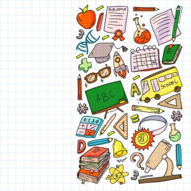 Okul vektör karalama setine geri dönüyoruz. Spor, sanat, okuma, bilim, coğrafya, biyoloji, fizik, matematik, astronomi, kimya.