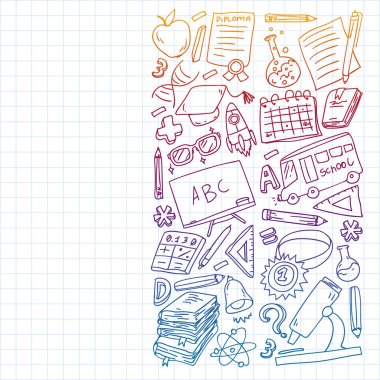 Okul vektör karalama setine geri dönüyoruz. Spor, sanat, okuma, bilim, coğrafya, biyoloji, fizik, matematik, astronomi, kimya.