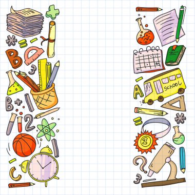 Okul vektör karalama setine geri dönüyoruz. Spor, sanat, okuma, bilim, coğrafya, biyoloji, fizik, matematik, astronomi, kimya.