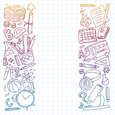 Okul vektör karalama setine geri dönüyoruz. Spor, sanat, okuma, bilim, coğrafya, biyoloji, fizik, matematik, astronomi, kimya.