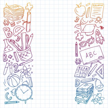 Okul vektör karalama setine geri dönüyoruz. Spor, sanat, okuma, bilim, coğrafya, biyoloji, fizik, matematik, astronomi, kimya.