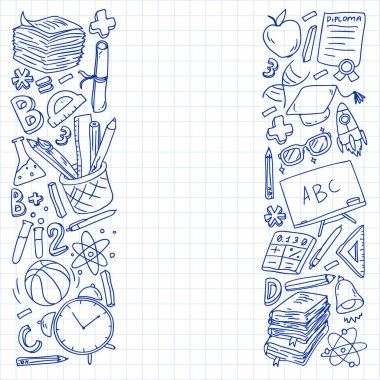 Okul vektör karalama setine geri dönüyoruz. Spor, sanat, okuma, bilim, coğrafya, biyoloji, fizik, matematik, astronomi, kimya.