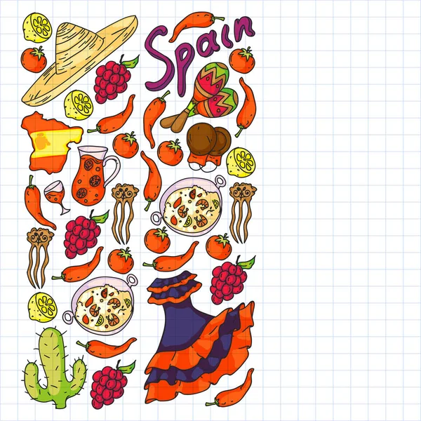 Hiszpania podróżuje. Wzór z hiszpańskimi elementami wektorowymi. Jedz hiszpańskie jedzenie. Zagraj na hiszpańskiej gitarze, tańcz flamenco. Tradycyjne ikony byka, wina, sukienek. — Wektor stockowy