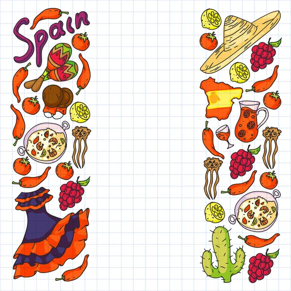 A Espanha viaja. Padrão com elementos doodles vetor espanhol. Come comida espanhola. Toca guitarra espanhola, dança flamenco. Ícones tradicionais de touro, vinho, vestidos. — Vetor de Stock