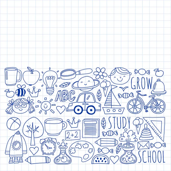 Terug naar school vector doodle set. Benodigdheden voor sport, kunst, lezen, wetenschap, aardrijkskunde, biologie, natuurkunde, wiskunde, astronomie, scheikunde. — Stockvector