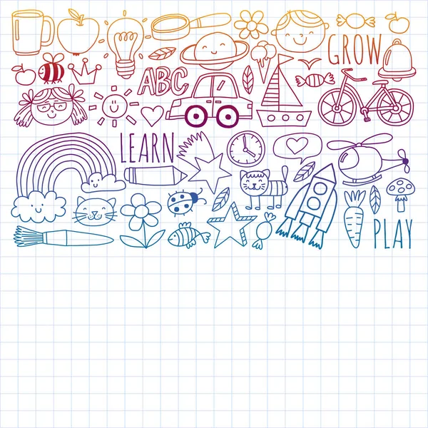 De volta à escola vetor doodle set. Suprimentos para esporte, arte, leitura, ciência, geografia, biologia, física, matemática, astronomia, química. —  Vetores de Stock