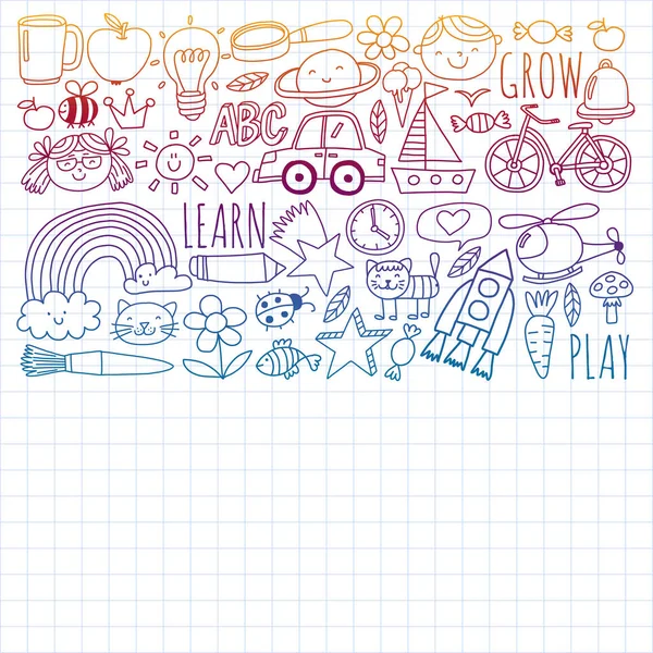 Terug naar school vector doodle set. Benodigdheden voor sport, kunst, lezen, wetenschap, aardrijkskunde, biologie, natuurkunde, wiskunde, astronomie, scheikunde. — Stockvector